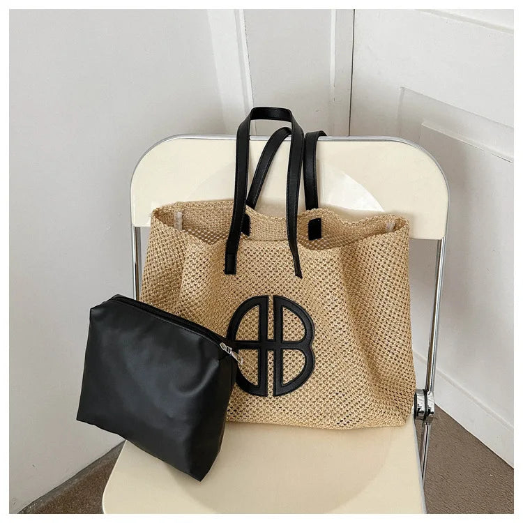 Straw Hollow Out Knitting Tote Bag Large Capacity Handmade Shoulder Handbag Women 2023 Designer Casual Beach Bag Ethnic Style
