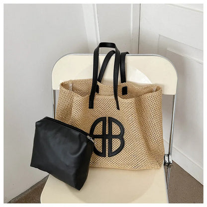 Straw Hollow Out Knitting Tote Bag Large Capacity Handmade Shoulder Handbag Women 2023 Designer Casual Beach Bag Ethnic Style