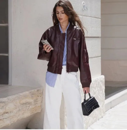 2025 Women Stylish Autumn Pu Leather Bomber Jacket Wine red, Brown Coat