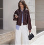 2025 Women Stylish Autumn Pu Leather Bomber Jacket Wine red, Brown Coat