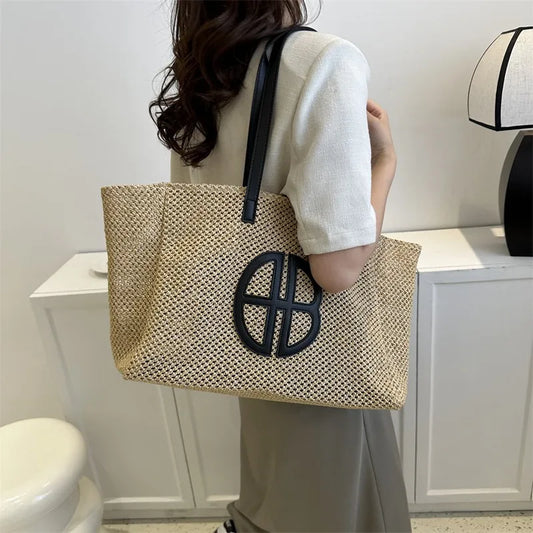 Straw Hollow Out Knitting Tote Bag Large Capacity Handmade Shoulder Handbag Women 2023 Designer Casual Beach Bag Ethnic Style