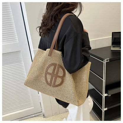 Straw Hollow Out Knitting Tote Bag Large Capacity Handmade Shoulder Handbag Women 2023 Designer Casual Beach Bag Ethnic Style