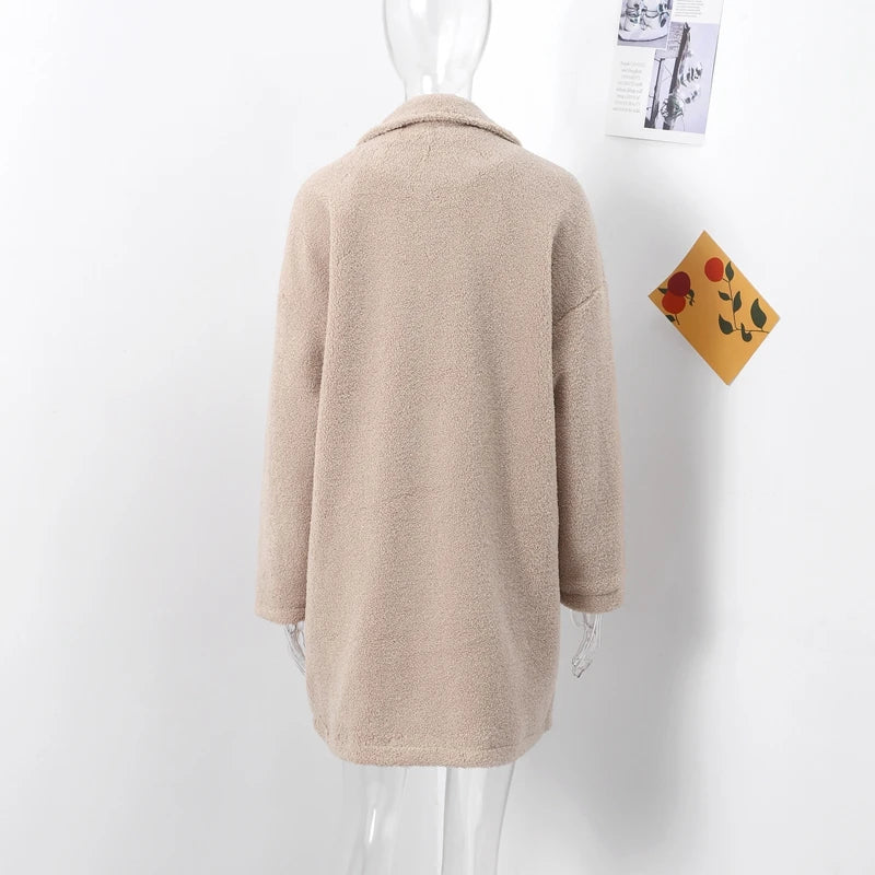 Wool Blend Overcoat Coat Women Faux Fleece Shaggy Solid Casual Streetwear 2024 Autumn Winter Fashion Single-breasted Plush Coat