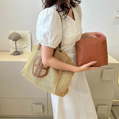 Straw Hollow Out Knitting Tote Bag Large Capacity Handmade Shoulder Handbag Women 2023 Designer Casual Beach Bag Ethnic Style