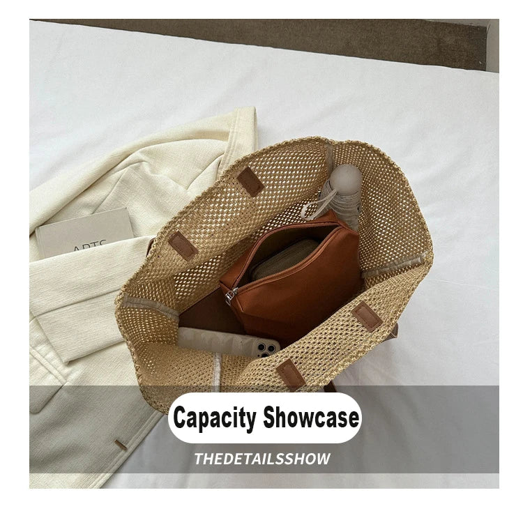 Straw Hollow Out Knitting Tote Bag Large Capacity Handmade Shoulder Handbag Women 2023 Designer Casual Beach Bag Ethnic Style
