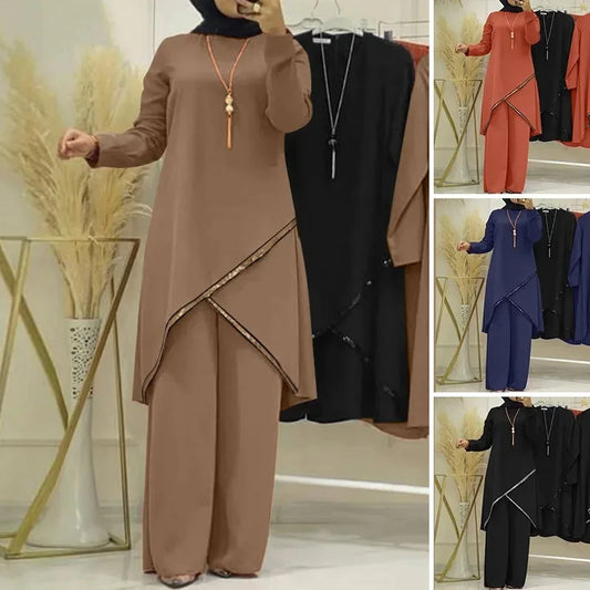 Modest Women's Eid Musulman Ensemble Solid Blouses Wide Leg Pants Ramadan Kaftan Two-Piece Set Dubai Style