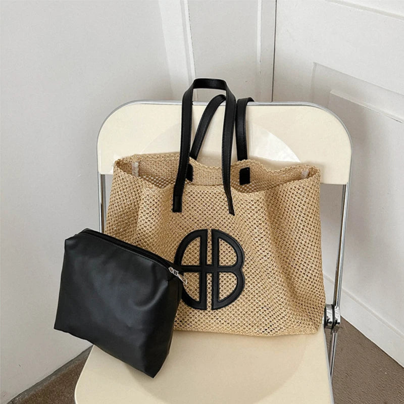 Straw Hollow Out Knitting Tote Bag Large Capacity Handmade Shoulder Handbag Women 2023 Designer Casual Beach Bag Ethnic Style