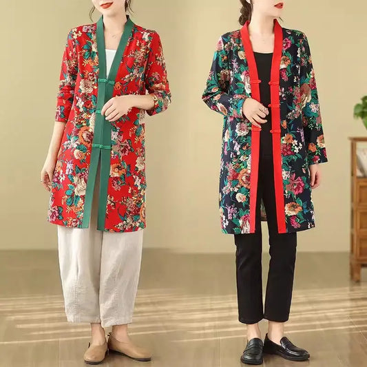 Big Flower Coat Women's Ethnic Style Pan Button Cardigan Mid Length Thin Shirt for Spring/Summer