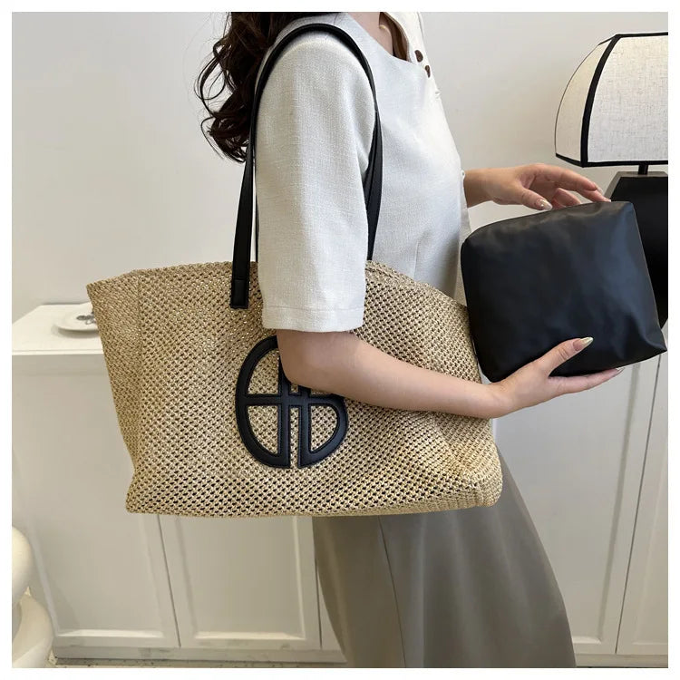 Straw Hollow Out Knitting Tote Bag Large Capacity Handmade Shoulder Handbag Women 2023 Designer Casual Beach Bag Ethnic Style