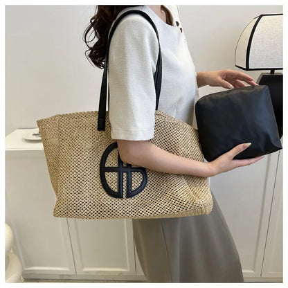 Straw Hollow Out Knitting Tote Bag Large Capacity Handmade Shoulder Handbag Women 2023 Designer Casual Beach Bag Ethnic Style